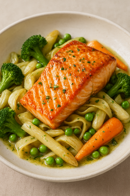 Verse papardelle met lentegroenten, asperges en gebakken zalm